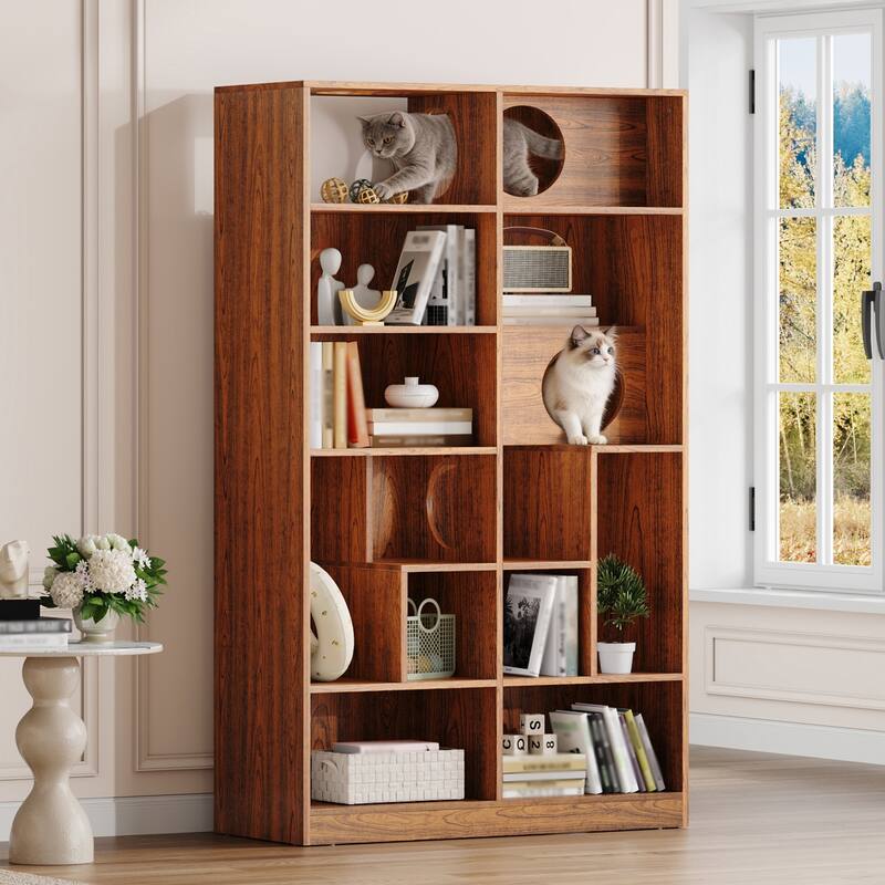 Anmytek 2-in-1 Bookshelf Cat Tree with Cat Holes and Shelves Walnut Mid-Century Pet Furniture - Brown