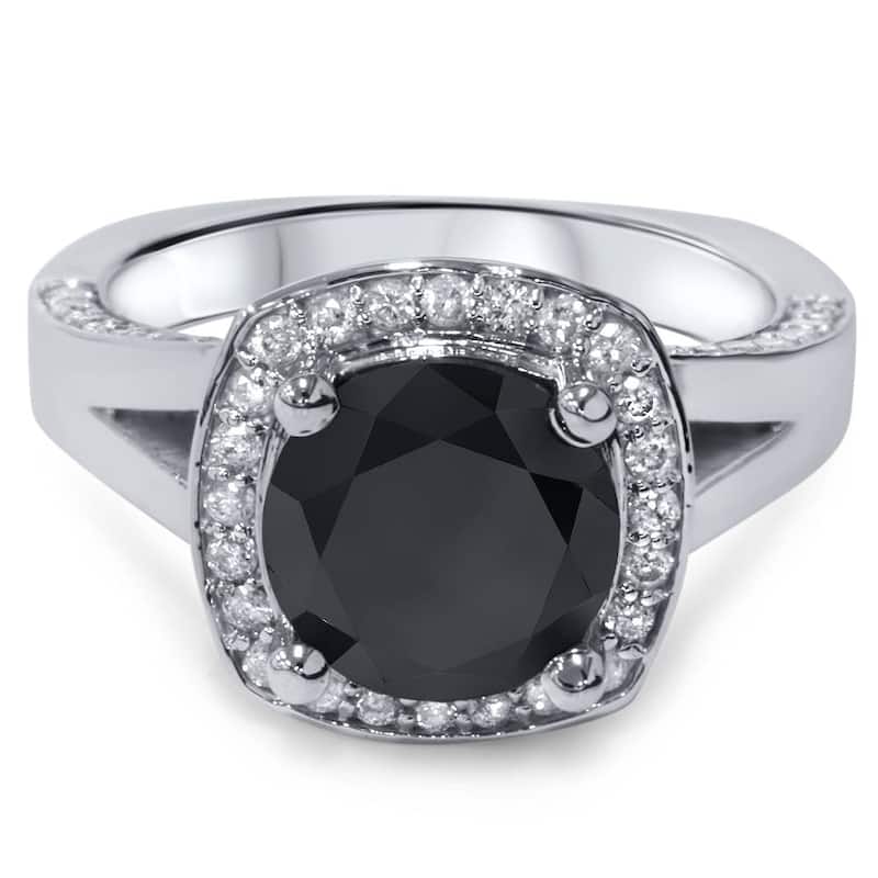 3 5/8 Ct Black Diamond Halo Split Shank Engagement Ring White Gold