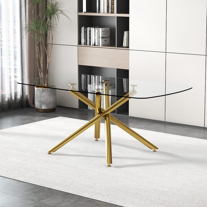 Large Modern Minimalist Rectangular Glass Dining Table with 0.39" Tempered Glass Top and Gilded Metal Legs for Kitchen - Golden