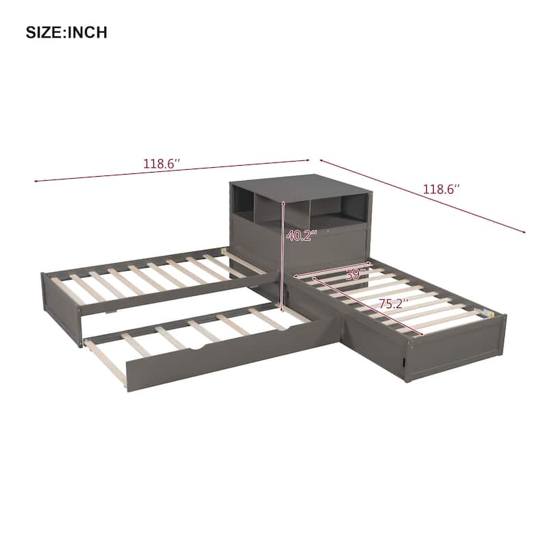 Twin Size L-shaped Bed Frame with Trundle Bed and Storage Cabinets, Desk, Lighting, Corner Platform Storage Bed Frame