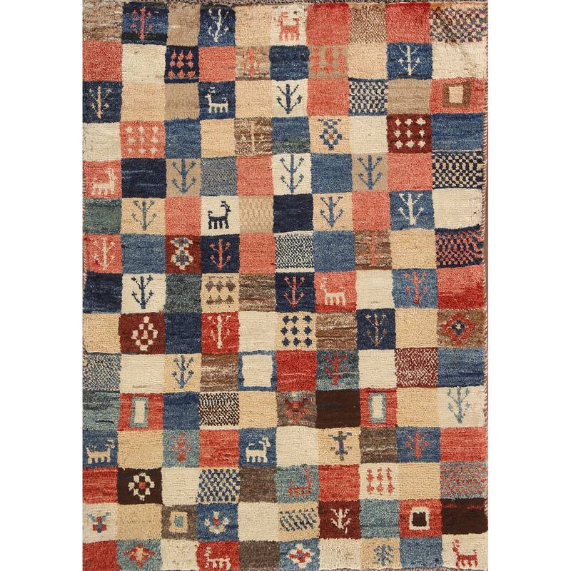 Tribal Checkered Gabbeh Persian Vintage Area Rug Handmade Wool Carpet - 3'4"x 5'1"