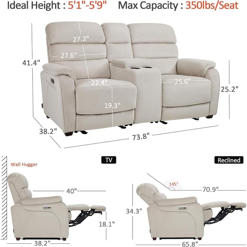 MCombo 61.6'' Wall Hugger Power Loveseat Recliner Sofa with Adjustable Headrest and USB A & C Charge Ports
