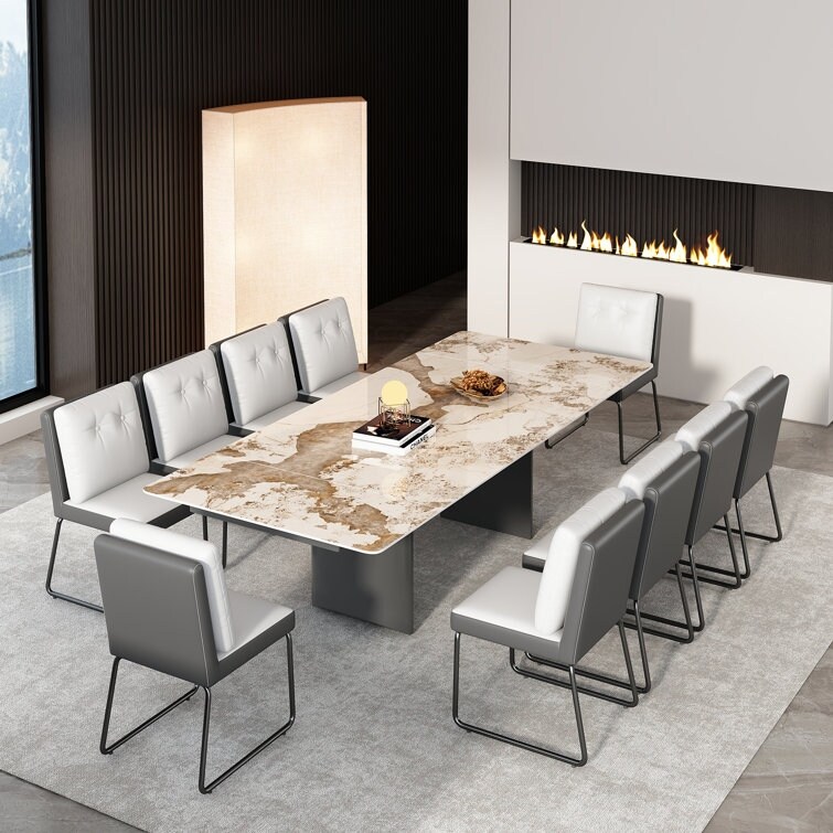 10 Person Extendable 63 to 94.5 Dining Set Rectangular Sintered Stone Top Stainless Steel Legs 1 Table 10 Chairs