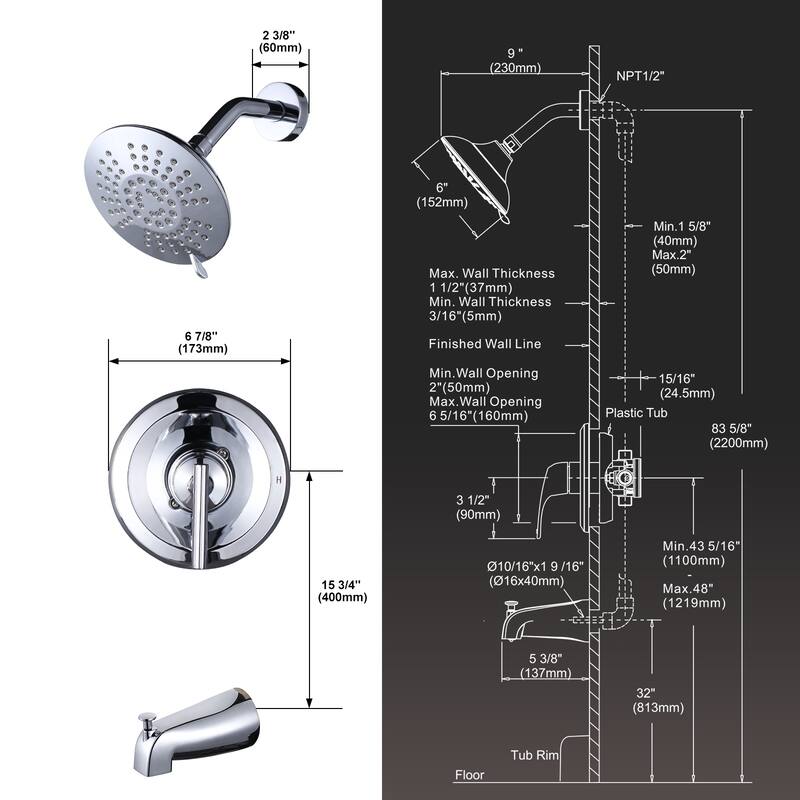 WOWOW Single-Handle 5-Spary Round Shower Faucet with Tub Spout