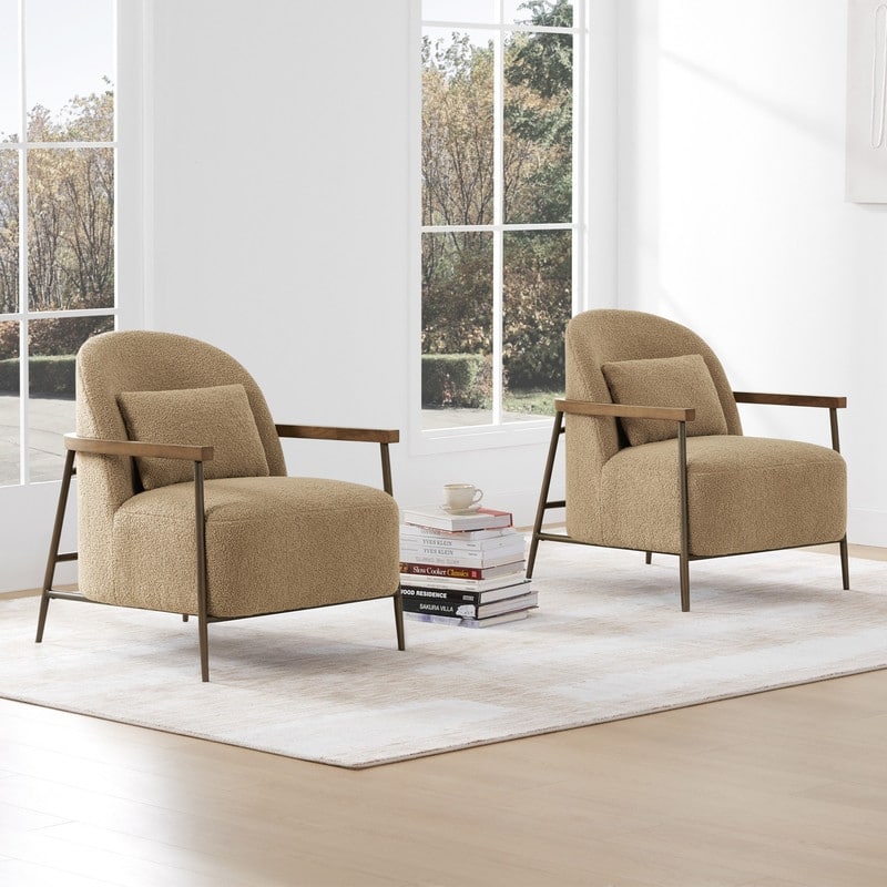 Spruce & Spring Anthony Modern Upholstered Faux Sherpa Chair with Wood Arms&Metal Legs