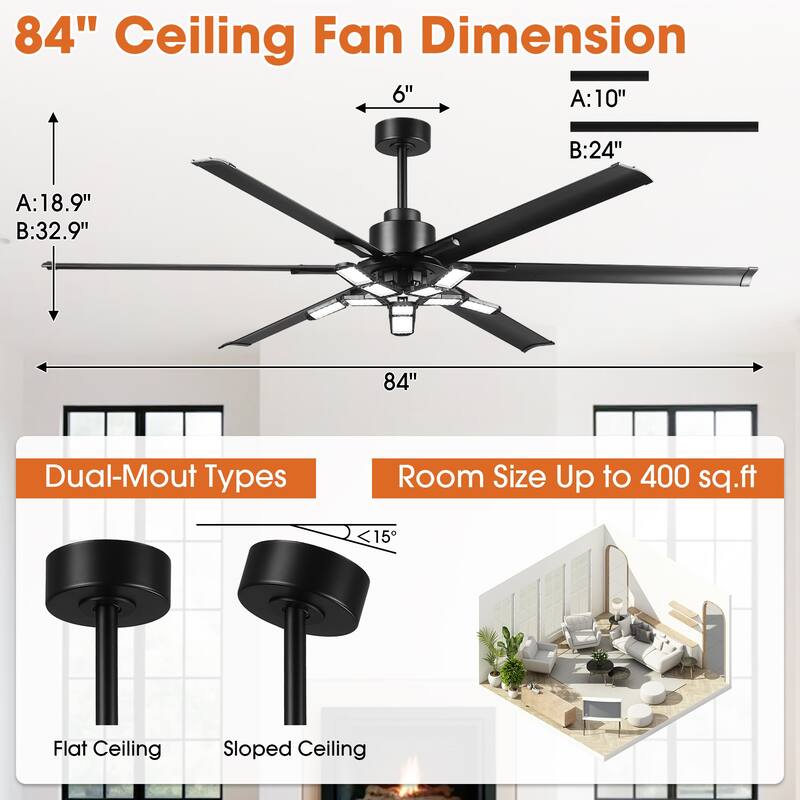 84" Industrial Matte Black Garage Large Ceiling Fan with Foldable LED Light and Remote