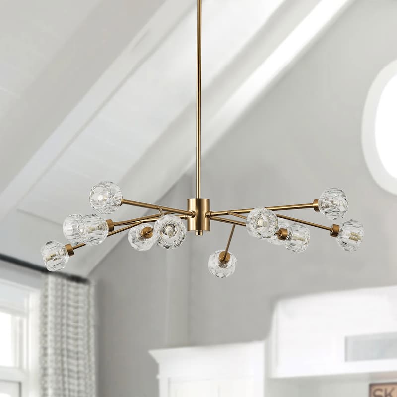 Mid-Century Modern Brass 12-Light Clear Glass Sputnik Chandelier for Dining Room