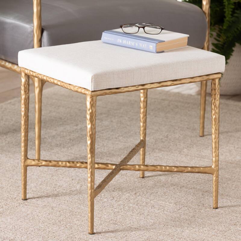 Fumiye Ottoman - Modern Rustic Accent Stool with Hand-Forged Metal Frame and Upholstered Seat for Living Room or Sitting Room