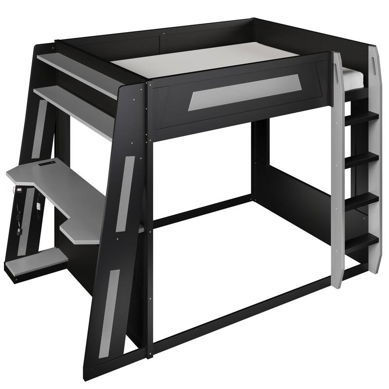 Gaming Bunk Bed with Computer Desk, Storage Shelves, USB Port and LED Strip Lighting, Esports Design, Wooden Gaming Bed