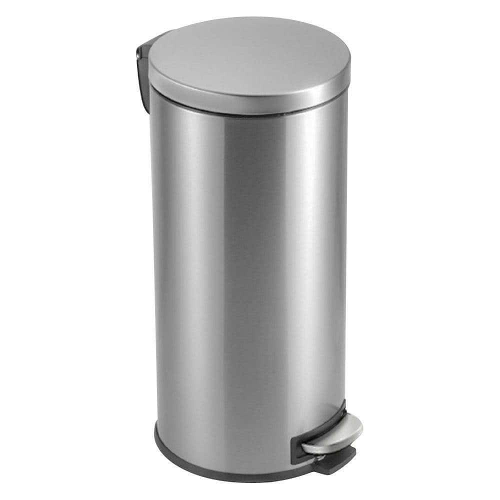 Silver Stainless Steel Round Trash Can with Step Lid and Removable Liner