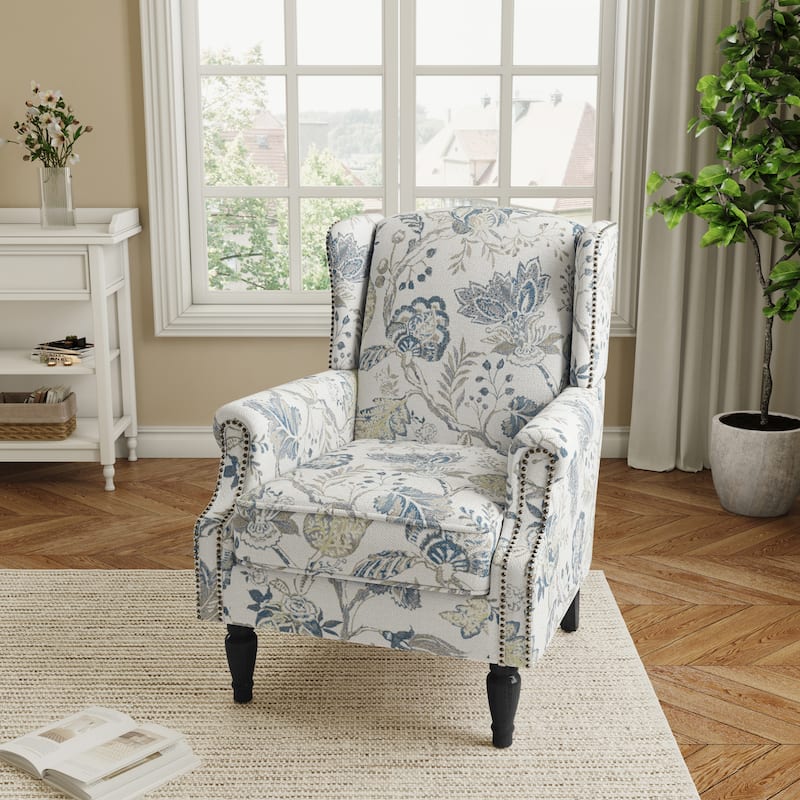 Traditional Floral Patterned Wingback Armchair with Nailhead Trim