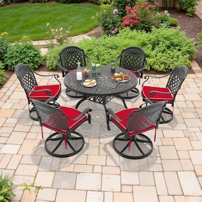 7-Piece Aluminum Round Outdoor Patio Dining Set, 6 Cushioned Swivel Chairs, Table, All-Weather Frames