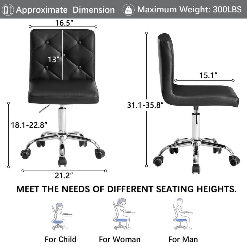 Javlergo Armless Office Desk Chair, PU Leather Mid-Back Adjustable Height 360° Rolling Swivel for Home Office Work