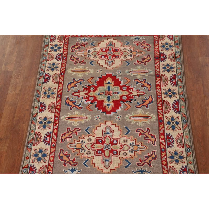 Geometric Grey Kazak Accent Rug Hand-Knotted Wool Carpet - 3'8"x 4'11"