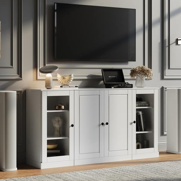 slide 2 of 27, Palace Imports 100% Solid Wood TV Stand with Clear Glass and Solid Doors for TVs up to 65" White