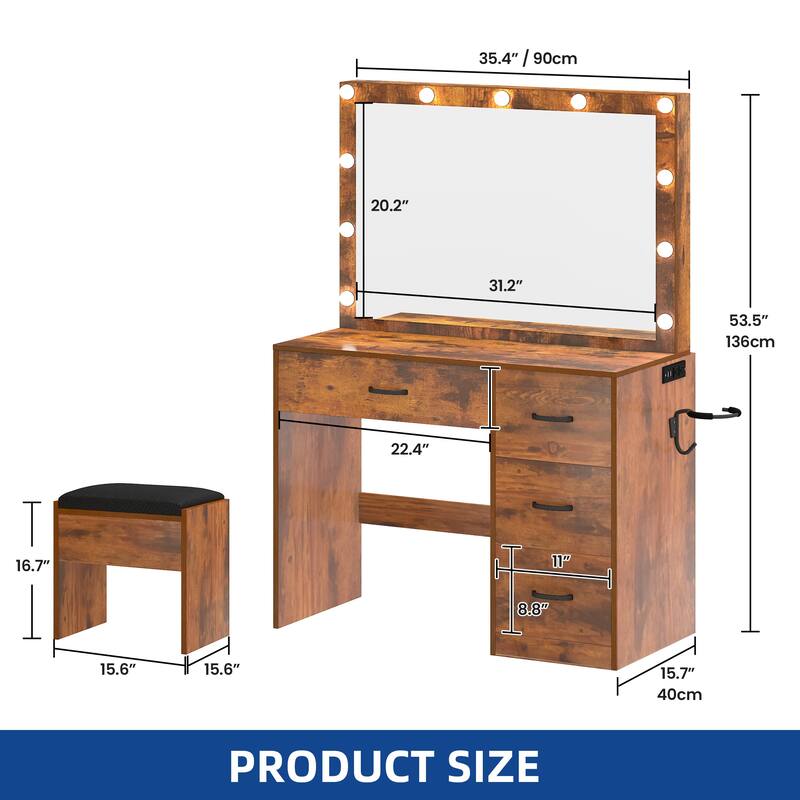 35.4" Mirror Makeup Vanity Table with Stool and Light Bulb - 35.4''L x 15.7''W x 53.5''H