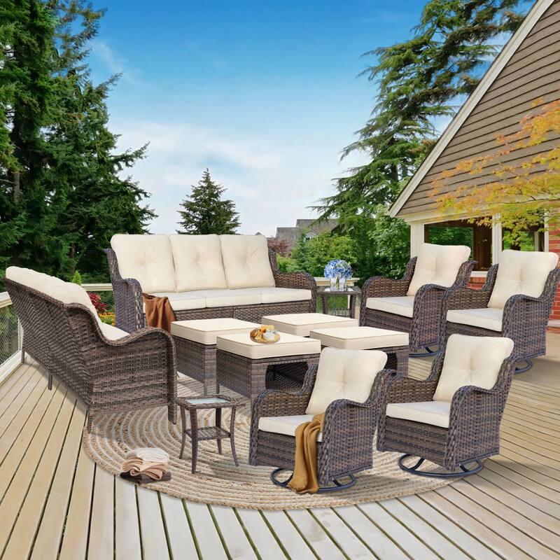 Outdoor Wicker Patio Conversation Seating Sofa Sets with Swivel Chairs - 12 Piece - Cream/Brown Wicker