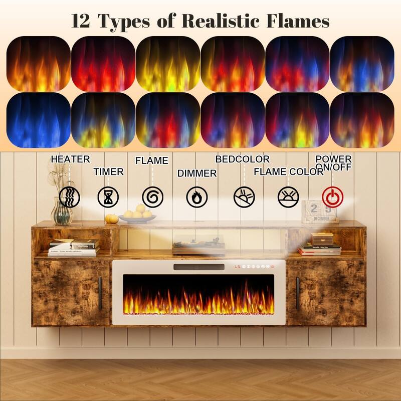 BOSSIN 70" Floating TV Stand with 36" Electric Fireplace, High Gloss Finish Wall Mounted Fireplace TV Stand with Storage