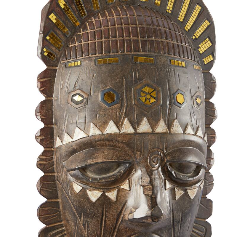 Brown Polystone Primitive African Mask and Standing African Woman Sculpture Wall Decor