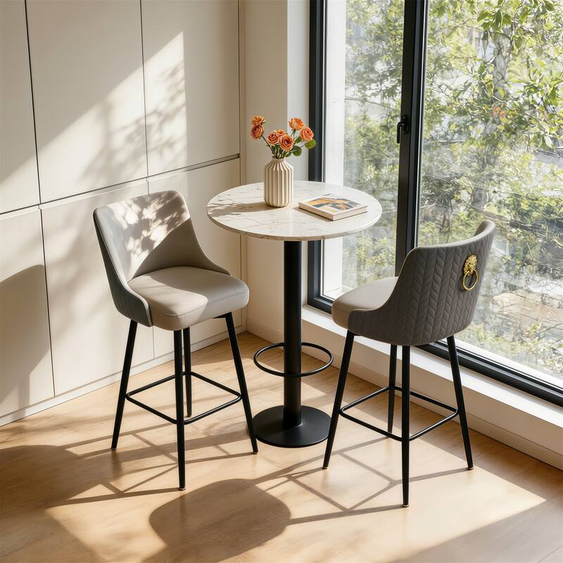 360 Swivel Upholstered Counter Height Bar Stools Kitchen Island Breakfast Chairs with Lion Head Pull Ring Footrest