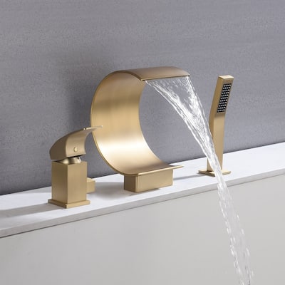 Brushed gold Bathtub Faucet Waterfall Mixer Faucet with Hand Shower Deck Mount - 8' x 10'