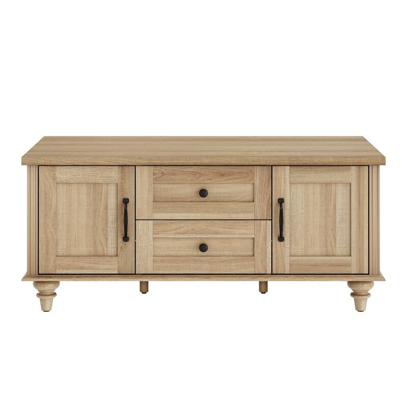 Light Wood Coffee Table with Drawer & Cabinet, Rustic Center Table