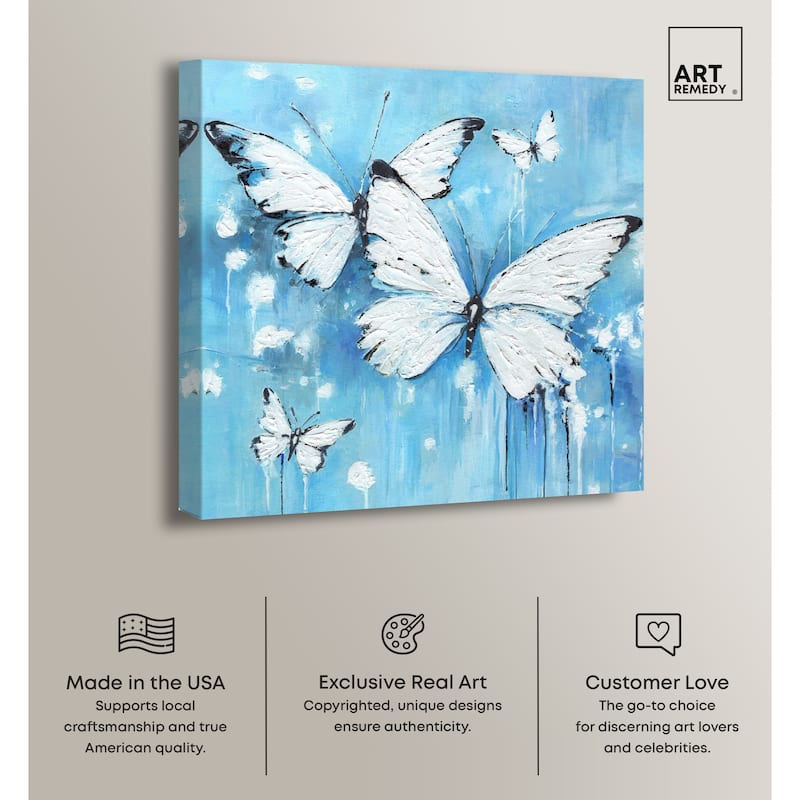 Art Remedy Textured Blue Butterflies Gallery Wrapped Butterfly 1 Piece Canvas Wall Art