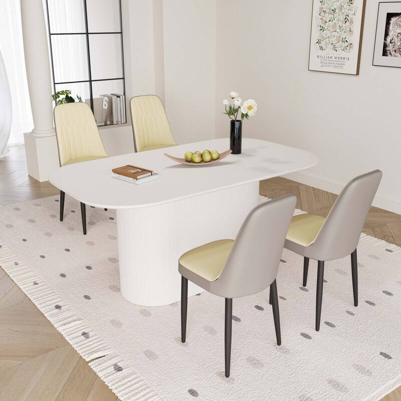 63 "medieval modern cream style MDF dining table and PU dining chair set 4. Assemble Desktop and metal leg dining chair set