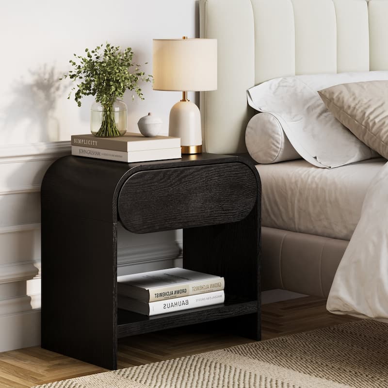 Iris Mid-Century Modern Nightstand with Drawer, Wooden Bedside Table for Bedroom or Living Room with Rounded Silhouette - Black Oak Single