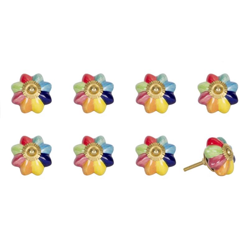 Set of 8 Blue Green Floral Ceramic Drawer Pull Knobs for Cabinets - 1.50” x 1.50” x 1.50” - Blue-Green