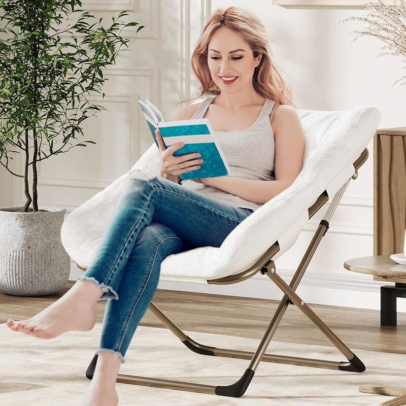 Faux Fur Saucer Foldable Comfy Lazy Sofa Chair for Bedroom Dorm Gaming Room Living Room