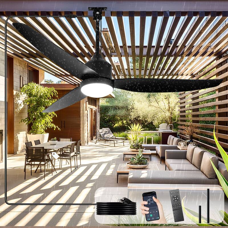 Outdoor Ceiling Fan with Light: 42-52 Inch Hanging - Plug in Waterproof Fans for Patio - Dimmable Remote App Control Black - 52in - Black