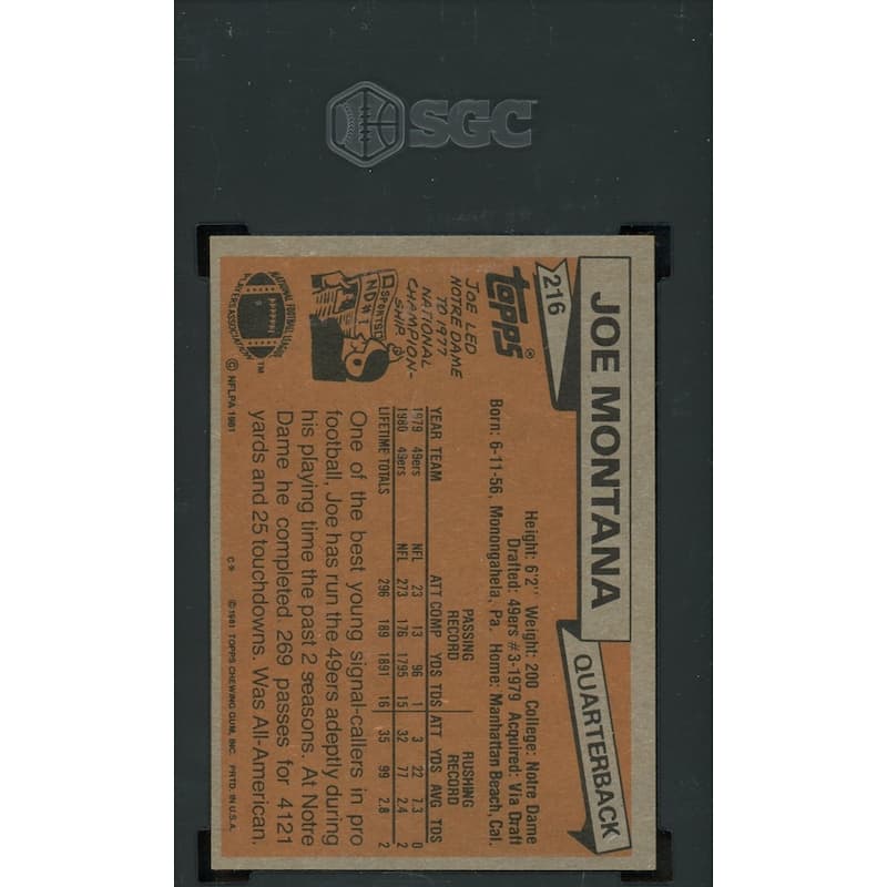 Joe Montana 1981 Topps Football Rookie Card #216 Graded SGC 7 - 8'6" x 11'6"
