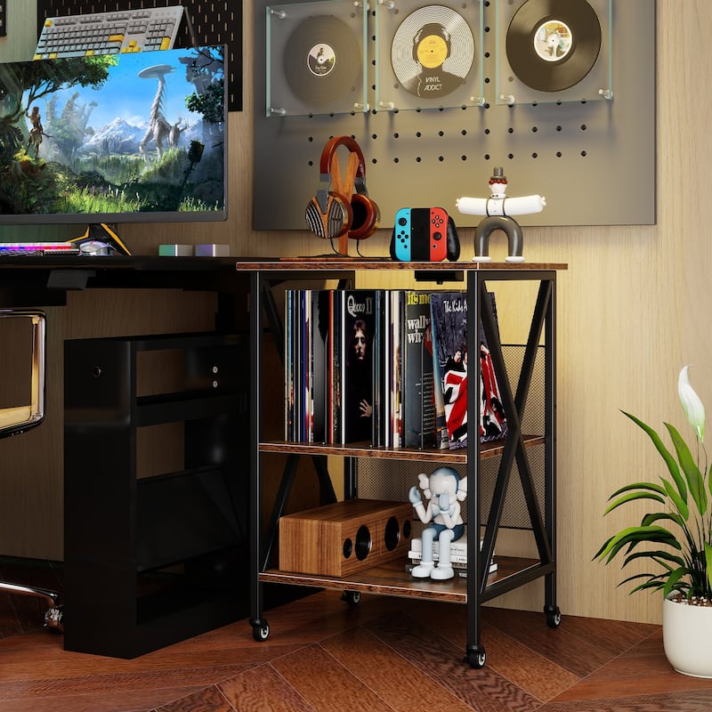 3-Tier Record Player Stand with Charging Station and Adjustable Shelf