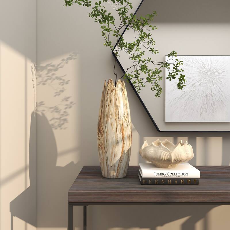 Ceramic Marbled Decorative Vase with Angled Edge Opening and Rust Accents - Beige - Roche River Decor