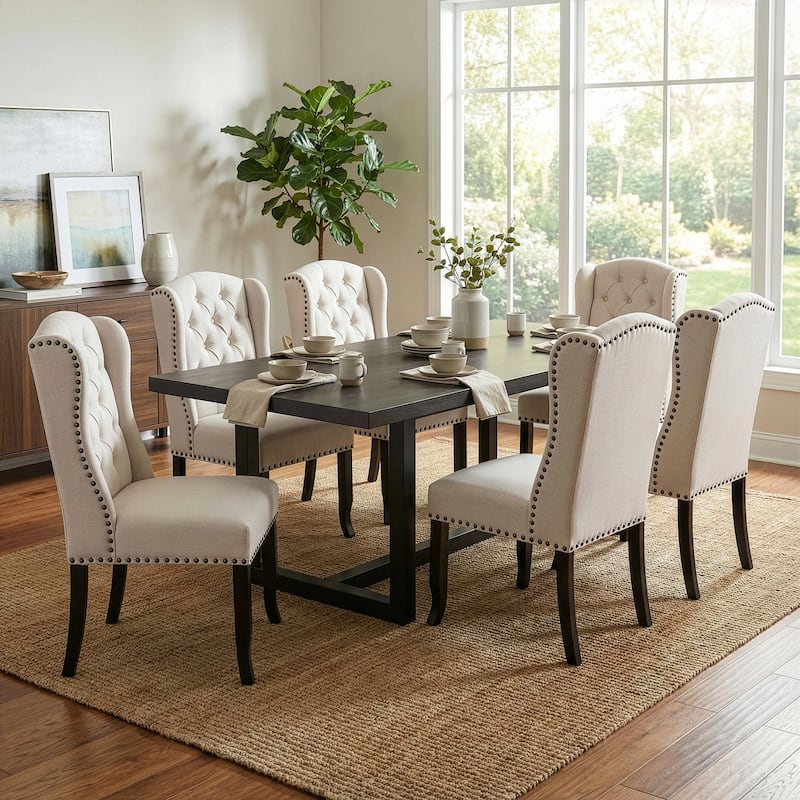 Set of 2 Alen Beige Fabric Dining Chair Wing Chair with Tufted Buttons