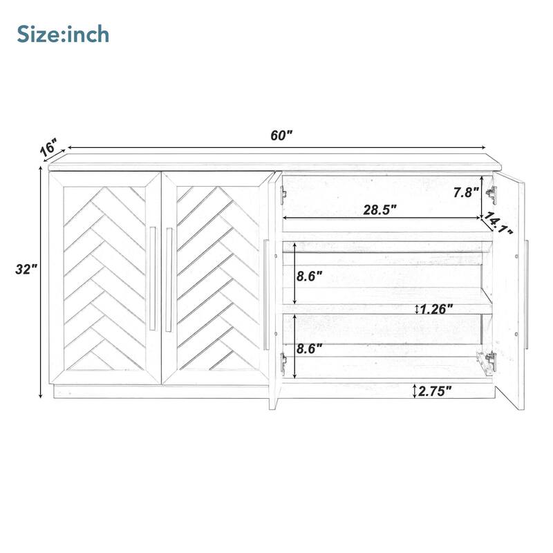 Sideboard with 4 Doors Large Storage Space Buffet Cabinet with Adjustable Shelves and Silver Handles for Kitchen