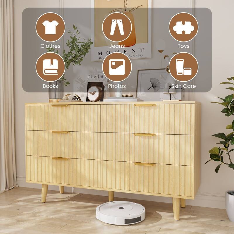 Gymojoy Fluted 6 Drawer Dresser for Bedroom, 47" Wood Chest of Drawers, Modern TV Stand for Closet, Living Room, Hallway