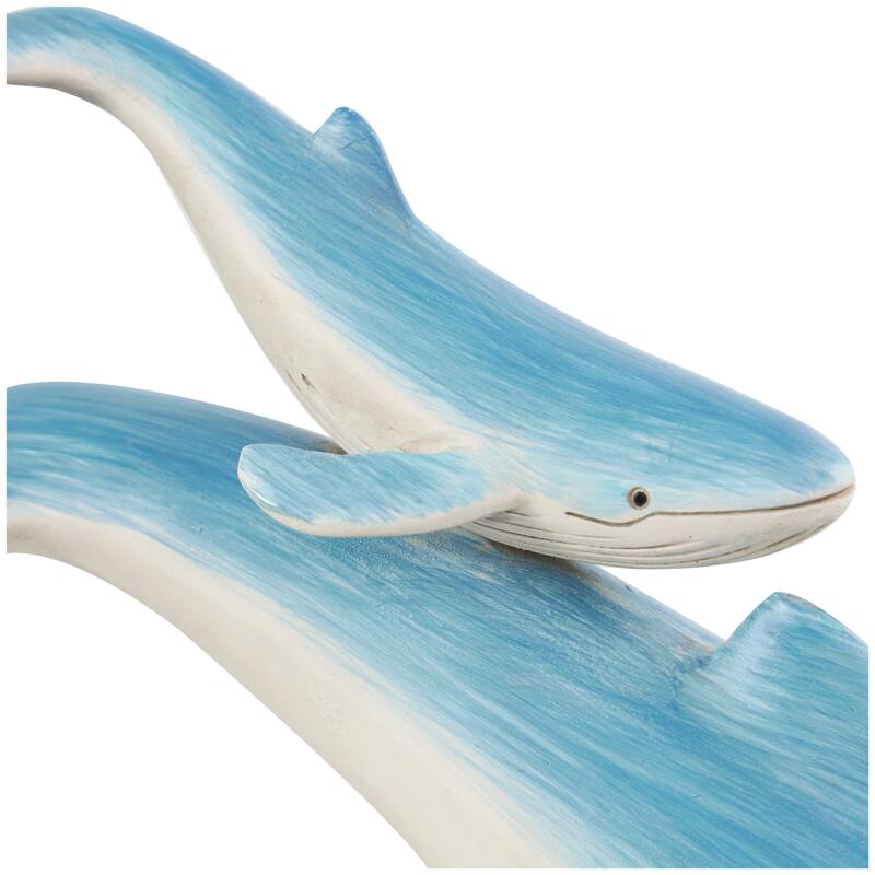 Blue Polystone Swimming Mother and Baby Whale Decorative Sculpture with Yellow Accents