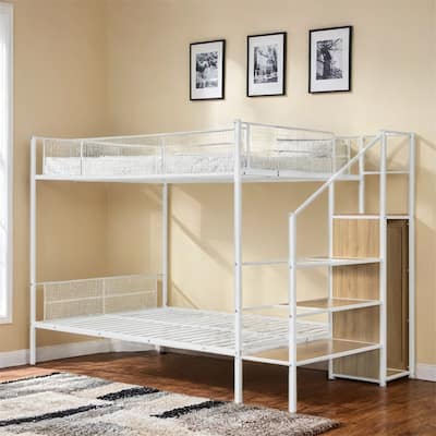 Twin Over Full Metal Bunk Bed w/Shelving & Storage Ladder and Wardrobe