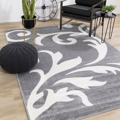 Covington Collection - Grey/Cream Damask Swirl Rug
