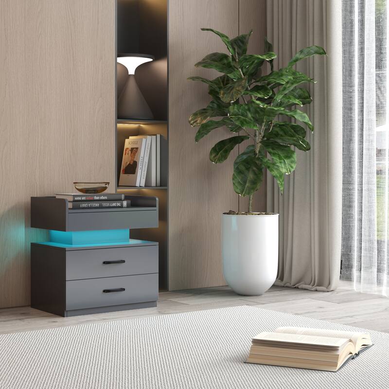 Nightstand with LED Strip Light and 2 Drawers, Bedside End Table with Storage for Bedroom Living Room Study