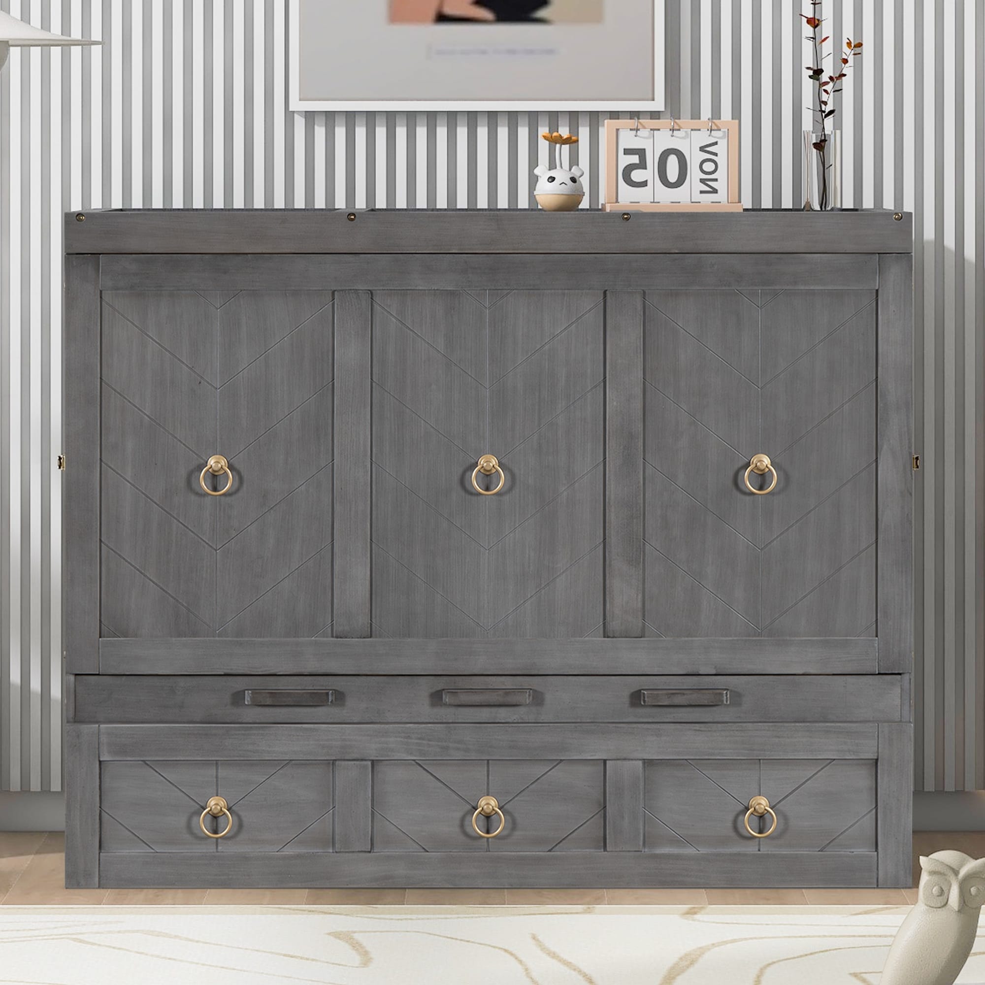 Luxurious Full Size Wooden Murphy Bed with Built-In Dual Power/USB Module and a Large Storage Drawers