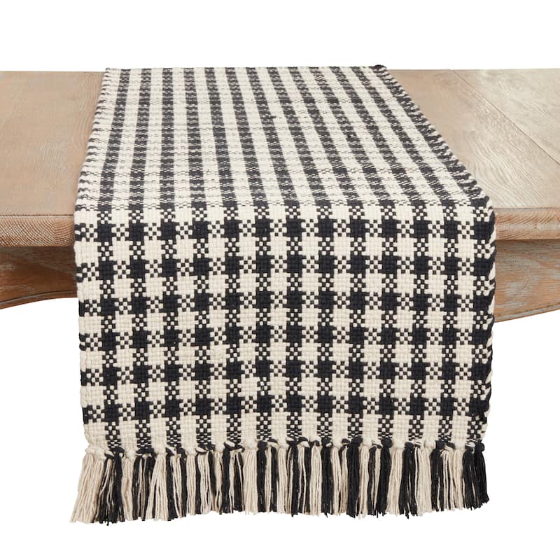 Classic Houndstooth Fringe Table Runner - 16"x72" - 16"x72" - Black/White