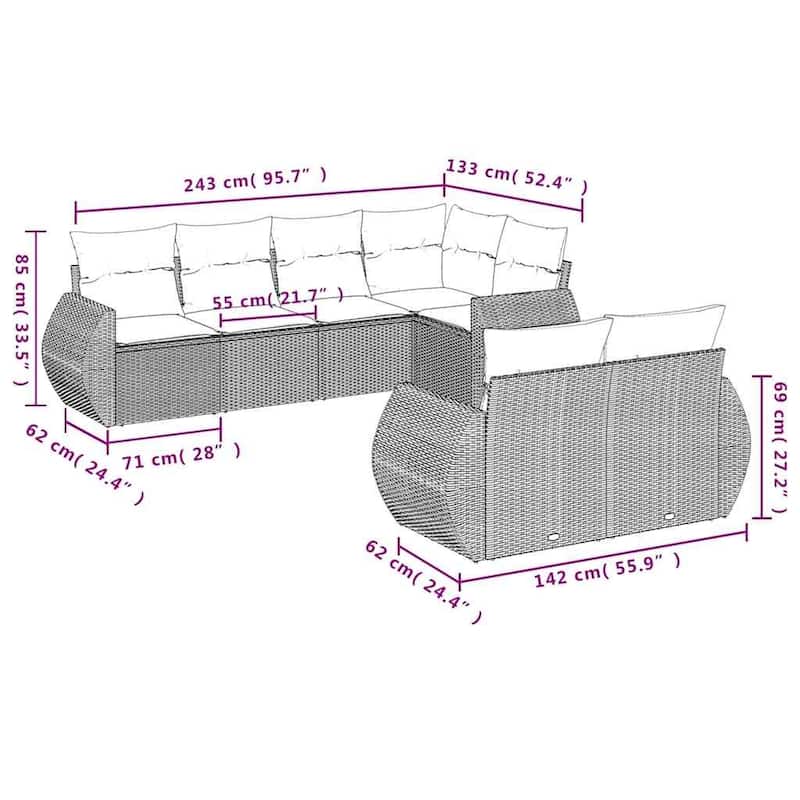 vidaXL 7 Piece Patio Sofa Set with Cushions Grey Poly Rattan - 24.4" x 24.4" x 27.2"