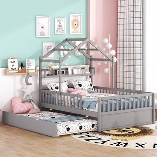 Full Size Wooden House Platform Bed with Twin Size Trundle