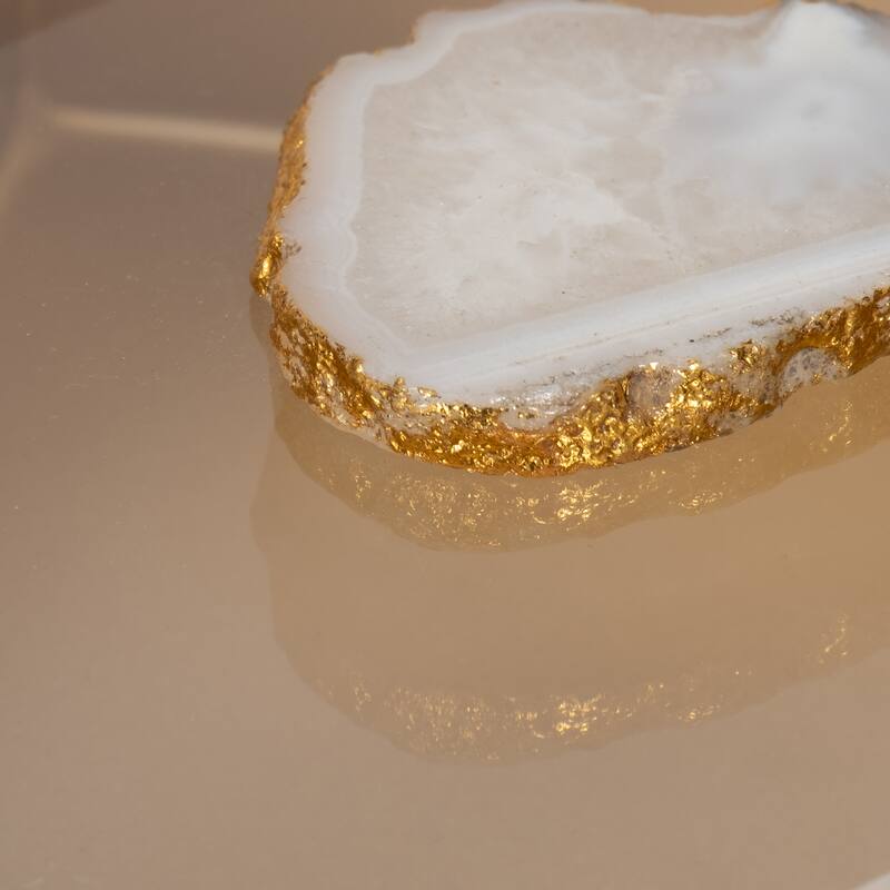 Decorative Box with Lid & Agate Stone Knob - 7", Gold & White - 7.0"