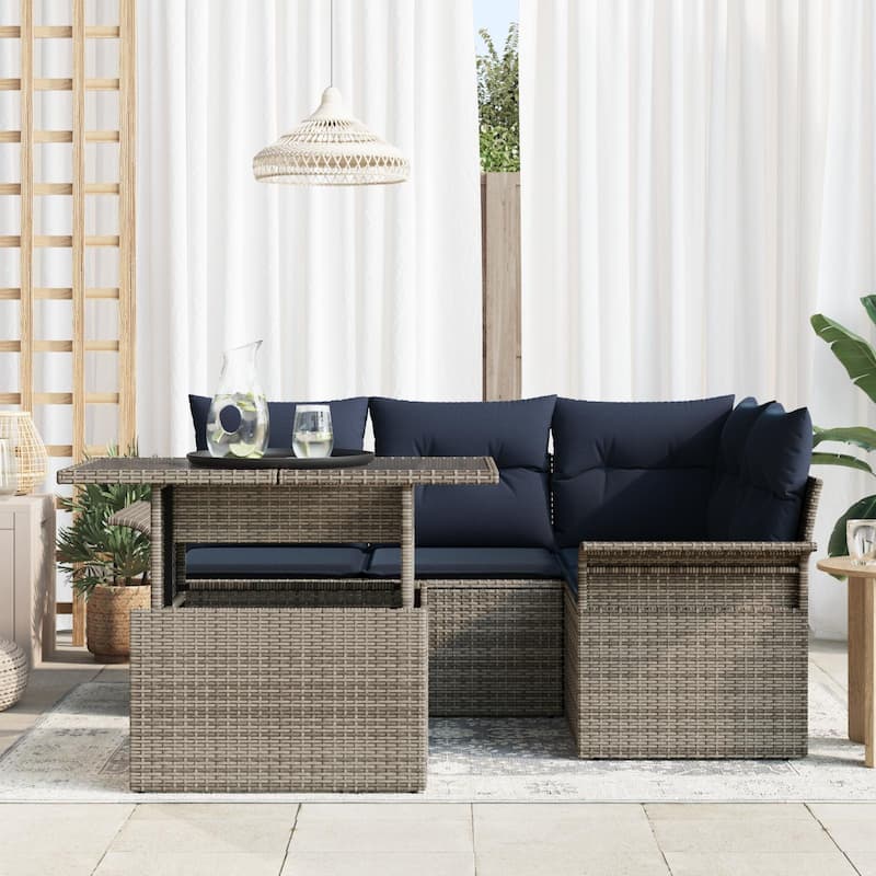 vidaXL 5 Garden Sofa Set with Cushions Brown/Grey Poly Rattan - 73.8 x 52.2 x 27.2