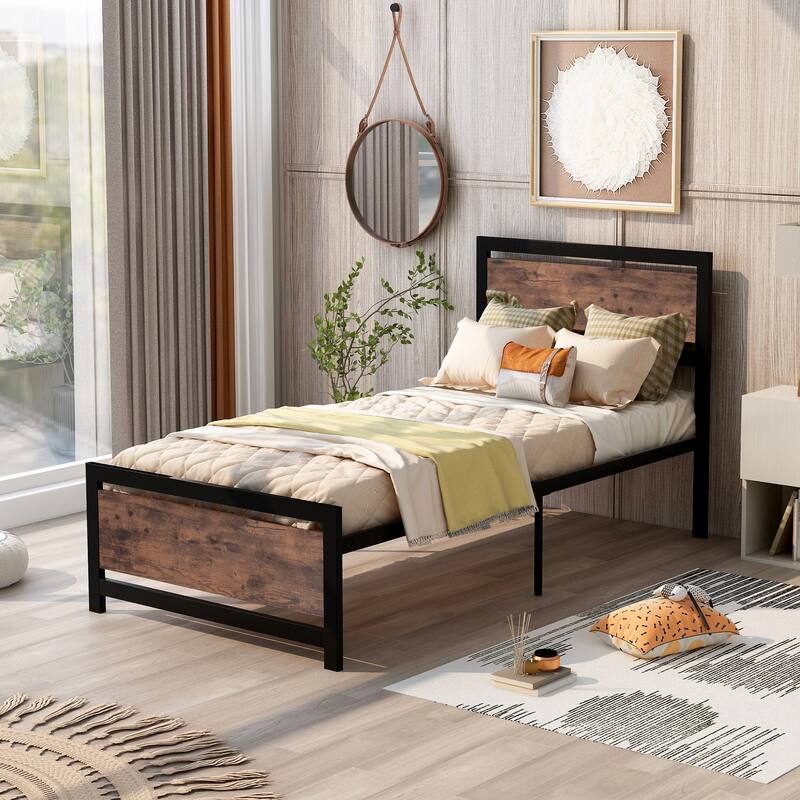 Metal and Wood Platform Bed Frame with Headboard & Footboard - Black 2 - Twin