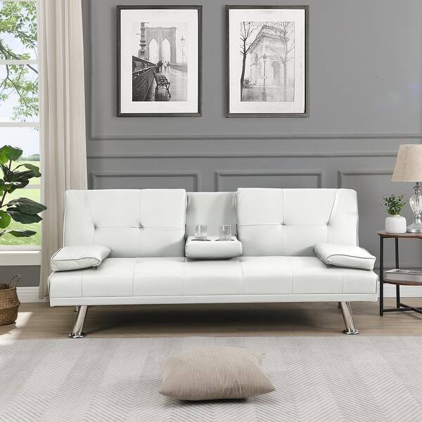 slide 2 of 15, Multifunctional Sofa Bed PVC Recliner Chair Bed Futon Chaise Lounge with Console and Cup Holder for Living Room, White